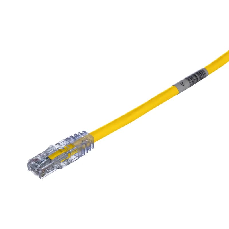 The TX6 PLUS Cat 6 UTP Patch Cord is a 10-Foot, Yellow cord constructed of 24 AWG, unshielded, twisted pair, stranded, CM cable with high-performance modular plugs. Its tangle-free latch prevents snags and ensures a fast release, streamlining moves, adds, and changes. The slender strain relief boot provides easy access in high-density applications. Enabled with RapidID, the product has pre-installed barcodes for simple port mapping using RapidID software.