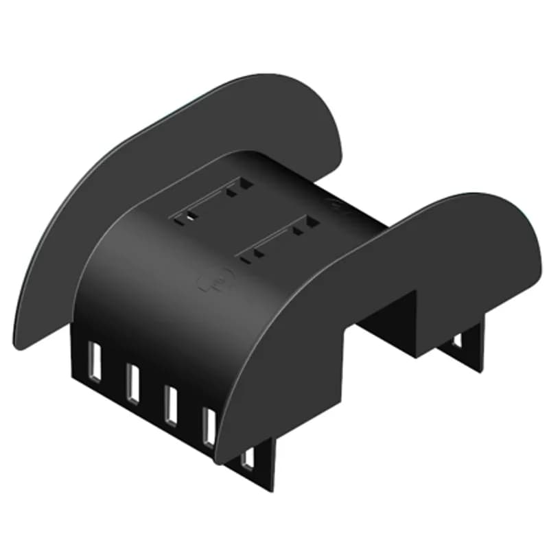 Cable management double waterfall base. Used to maintain 1.75" (101.6mm) bend radius control vertically when transferring cable off either side of ladder rack rung. Mounts to ladder rack rung with standard cross section cable ties (included).