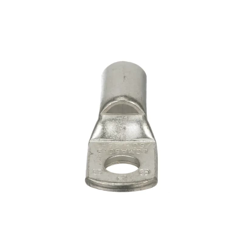 The LCMA50-8-L Tin-Plated Copper Compression Metric Lug, one-hole, standard barrel, has color-coded barrels marked with Panduit and specified competitor die index numbers for proper crimp die selection. An inspection window aids to visually assure full conductor insertion, and the tin-plate material helps to inhibit corrosion. UL Listed and CSA Certified to 35 KV and temperature rated to 90 C.