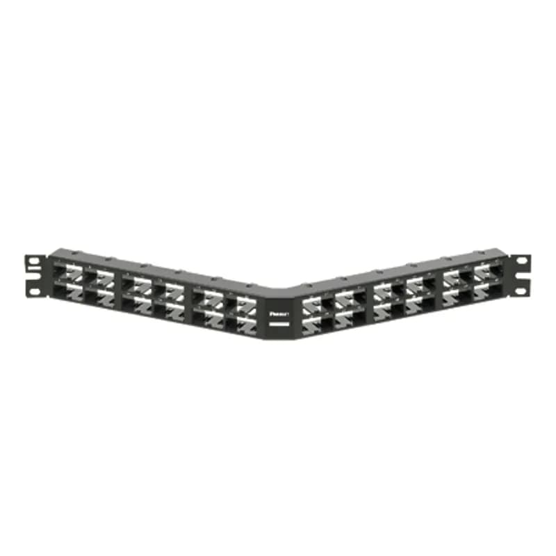 The Mini-Com High Density Angled Modular Patch Panel accepts up to 48 Mini-Com Modules for unshielded applications in 1 RU and mounts to 19 inch and 23 inch racks and cabinets. The patch panel mounts flush with the rack, includes pre-printed numbers that follow a vertical sequence and is black.