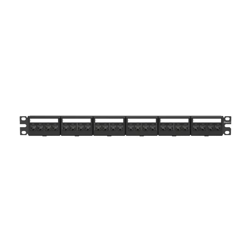 The Mini-Com Modular Patch Panel Kit includes 24 Mini-Com Cat 6 TG Jack Modules for unshielded applications, is 1 RU, and mounts to 19 inch and 23 inch racks and cabinets. The panel offers front access, includes label pockets for easy identification, and is black.