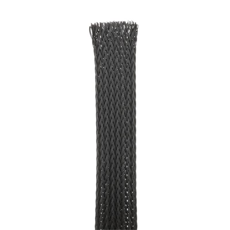 Fray resistant braided expandable sleeving, 1.25" (31.8 mm) diameter, can be cut with a pair of scissors and provides continuous abrasion resistance for wires, cables, and tubing. The lightweight, durable protection is flexible and the open weave will not trap heat or humidity. Polyethylene Terephthalate. 50 ft (15.2 m) reel. Color Black.