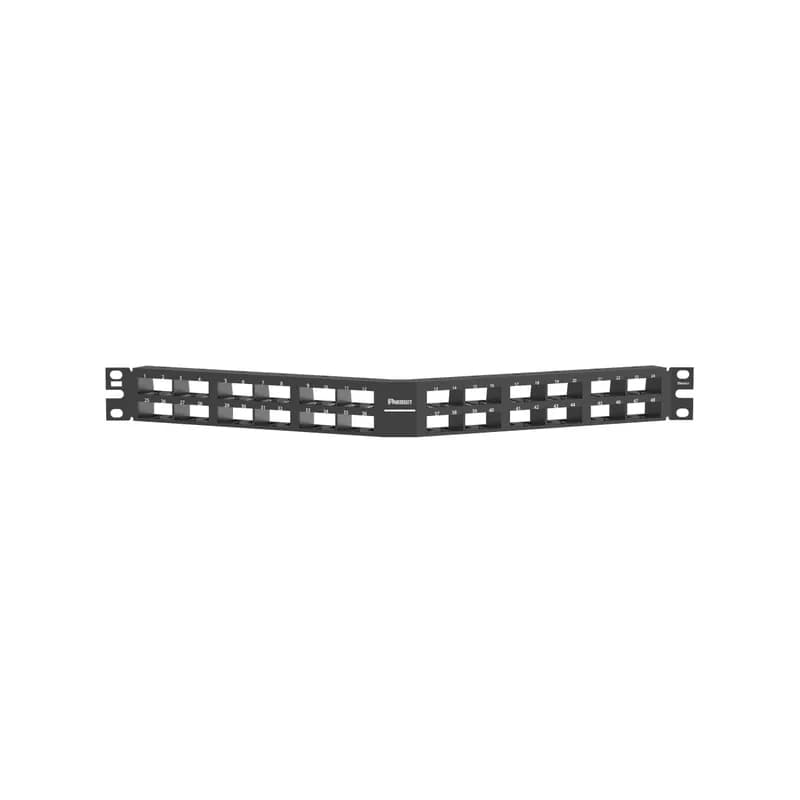 The Mini-Com High Density Angled Modular Patch Panel accepts up to 48 Mini-Com Modules for unshielded applications in 1 RU and mounts to 19 inch and 23 inch racks and cabinets. The panel can be identified with adhesive labels and is black.