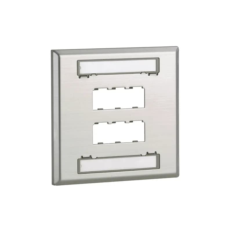 The Mini-Com Stainless Steel Faceplate accepts six Mini-Com Modules. The faceplate is double gang and mounts to a NEMA standard double gang opening. The faceplate includes a label pocket for easy identification and is made of impact resistant material to support installations in high traffic areas.