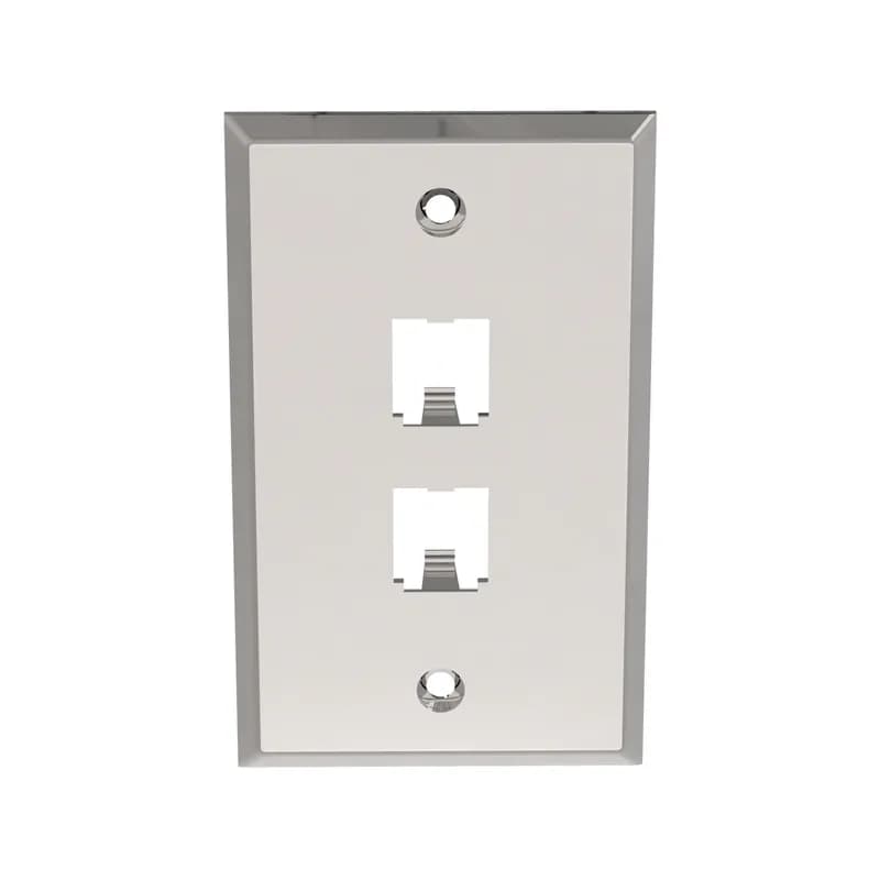 The Mini-Com Stainless Steel Faceplate accepts two Mini-Com Modules. The faceplate is single gang and mounts to a NEMA standard single gang opening. The faceplate can be identified with an adhesive label and is made of impact resistant material to support installations in high traffic areas.