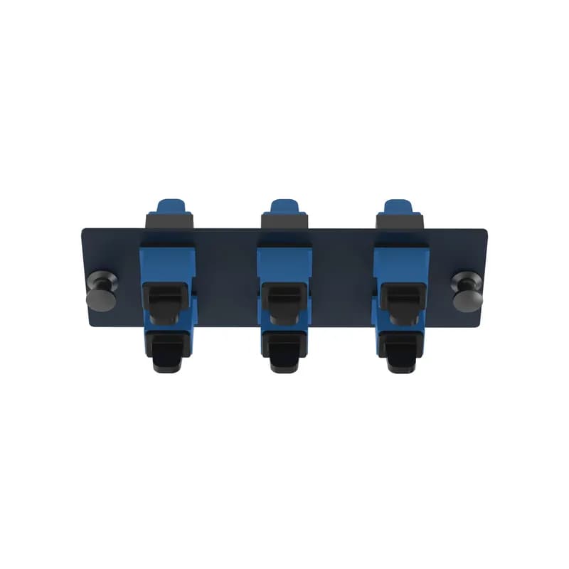 The Opticom SC fiber adapter panel is OS2 and is loaded with 6 SC simplex fiber optic adapters. The fiber optic adapters are blue with zirconia split sleeves.