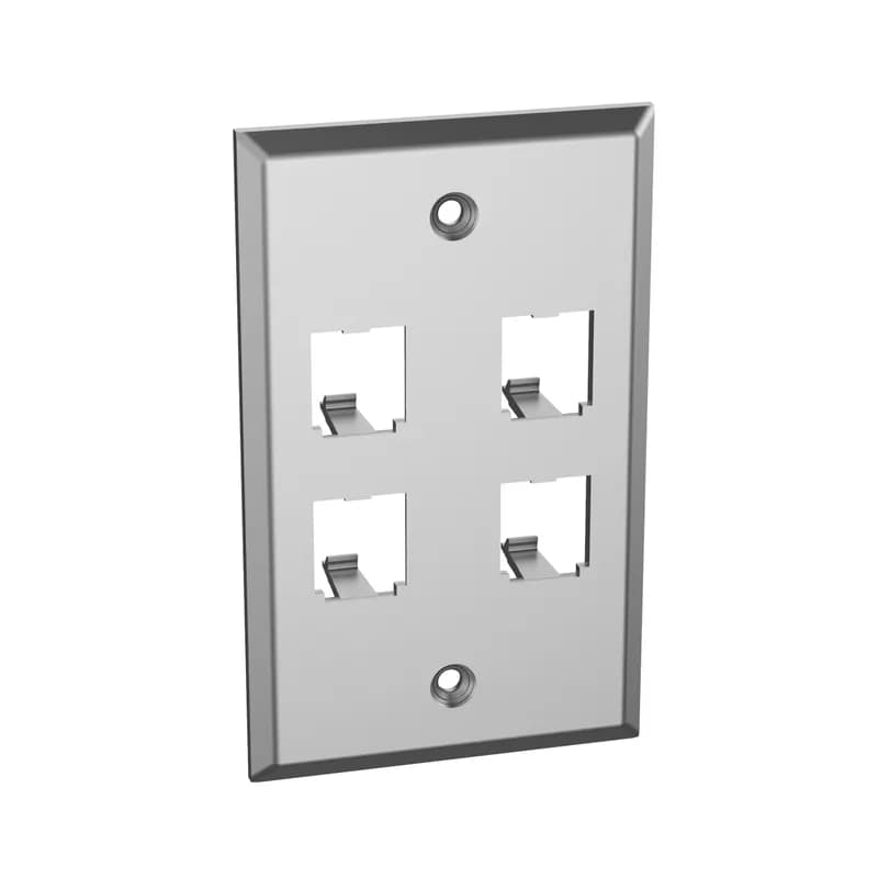 The Mini-Com Stainless Steel Faceplate accepts four Mini-Com Modules. The faceplate is single gang and mounts to a NEMA standard single gang opening. The faceplate can be identified with an adhesive label and is made of impact resistant material to support installations in high traffic areas.