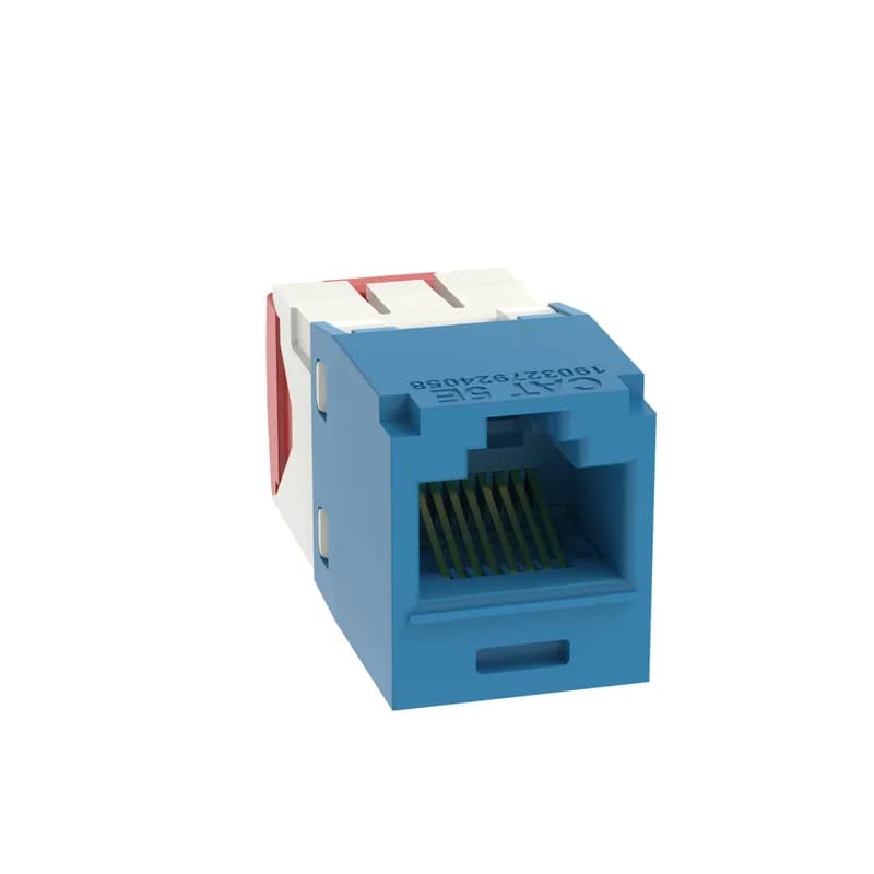 The Mini-Com Cat 5e UTP RJ45 TG-Style Jack Module is designed to terminate 4-pair, 22-26 AWG twisted pair cable. Each module is 100% factory tested for continuity. Contacts are plated with 50 microinches of gold for superior performance. Jack modules are compatible with Mini-Com Modular Patch Panels and Faceplates. The jack module is Blue.
