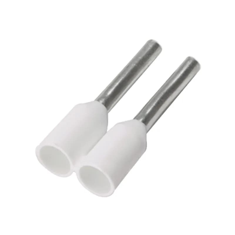 Covered ferrules, on strip, single wire white DIN end sleeve, 22-20AWG, 8mm pin length.
