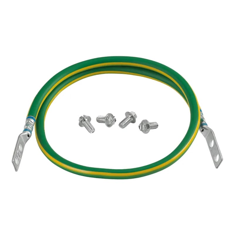 Auxiliary cable bracket jumper for bonding pathway sections; #6 AWG (16mm ); 18.0 (457mm) length; factory terminated on both ends with straight, two-hole, long barrel compression lugs; provided with .16 oz. (5cc) of antioxidant and four mounting screws.