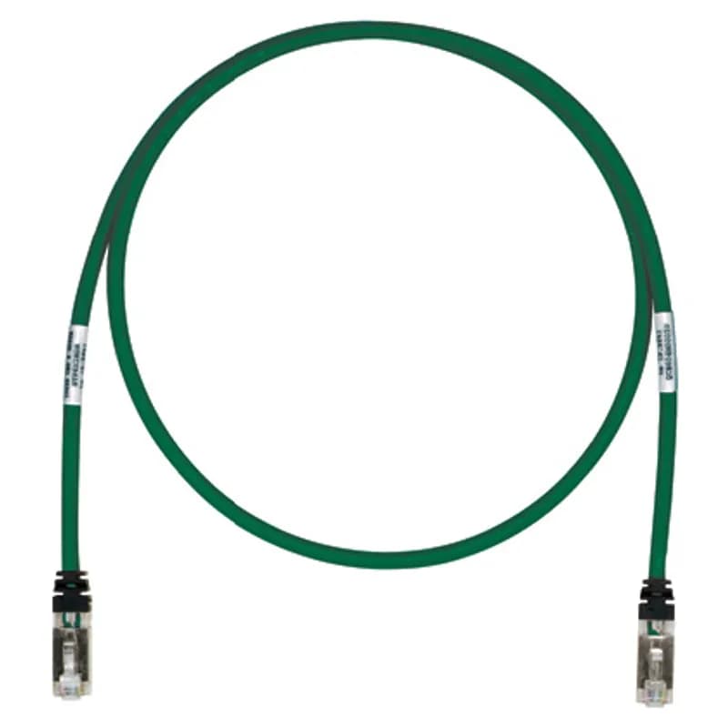 This TX6A 10Gig Cat 6A STP Patch Cord is a 18-Foot, Green cord constructed of 26 AWG, shielded, twisted pair, stranded, CM/LSZH cable and with high-performance modular plugs. Its tangle-free latch prevents snags and ensures a fast release, streamlining moves, adds, and changes. The slender strain relief boot provides easy access in high-density applications. Enabled with RapidID, the product has pre-installed barcodes for simple port mapping using RapidID software.