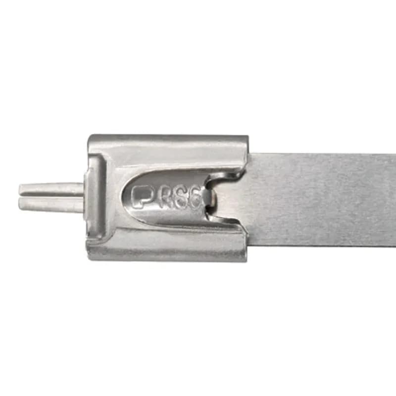 Pan-Steel 360-degree Radial Seal Retained Tension Ties speed up installation with a unique self-locking head design that locks into any part of the 304 stainless steel tie. Plus, the aggressive head and displacement lock provide a quick, tight lock in any position, creating the complete no-gap seal recommended for non-resilient Mechanical Fastening Applications. Standard cross section, Max bundle diameter: 4.0in, 18.5n, Tensile strength: 800, 100 pc.