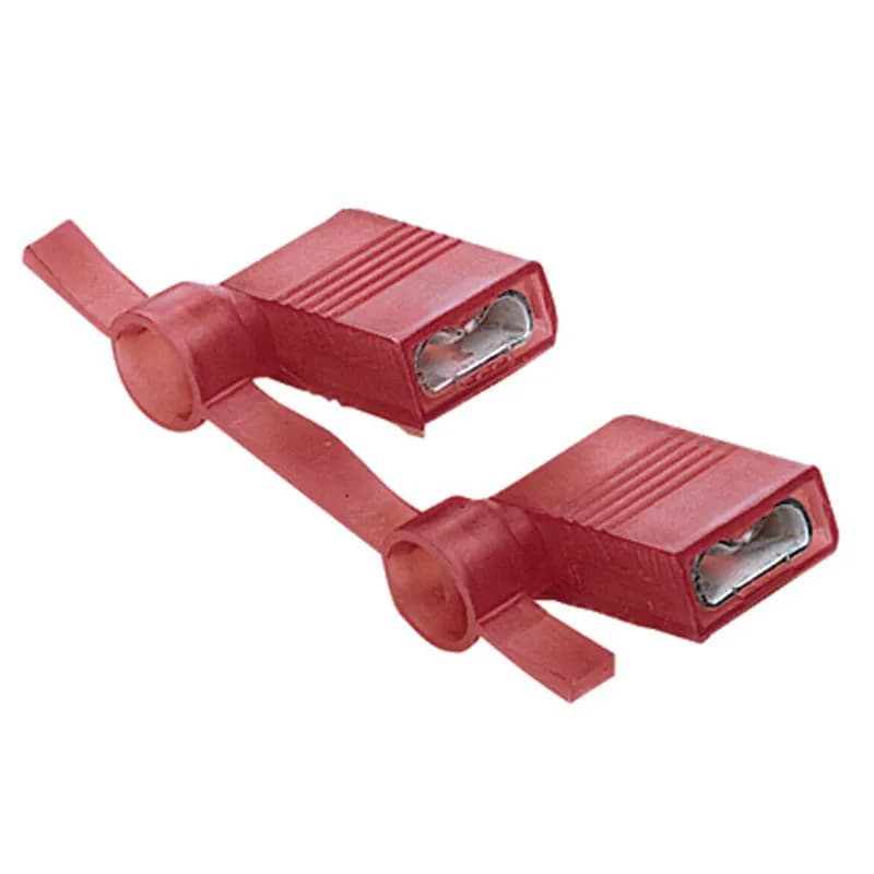 The vibration resistant right angle female disconnect is made of brass and is tin-plated. It is fully insulated in red premium nylon housing. It has a tab size of 0.250 x 0.032" (6.3 x 0.8 mm) and supports a wire range of 22-18 AWG (0.5-1.0 mm ). It is 0.57" (14.5 mm) long and 0.37" (9.4 mm) wide. The disconnect has a standard barrel configuration and a butted seam barrel. It comes in reels of 1500.
