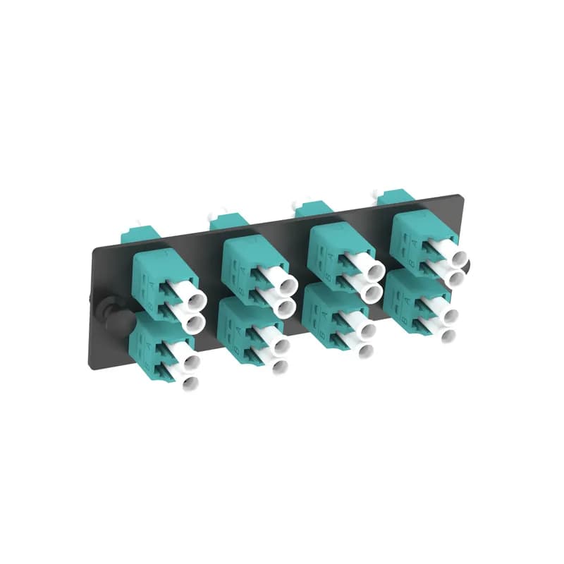 The Opticom LC fiber adapter panel is OM4 and is loaded with 8 LC duplex fiber optic adapters. The fiber optic adapters are aqua with zirconia split sleeves.