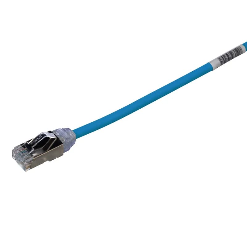 The TX6A-28 10Gig Cat 6A STP Patch Cord is a 0.5-Meter, 0.185-inch (4.7mm) diameter, Blue cord constructed of 28 AWG, shielded, twisted pair, solid, CM/LSZH cable with high-performance modular plugs. Its compact 28 AWG design simplifies installation and management. The tangle-free latch prevents snags and ensures a fast release, streamlining moves, adds, and changes. Enabled with RapidID, the product has pre-installed barcodes for simple port mapping using RapidID software.