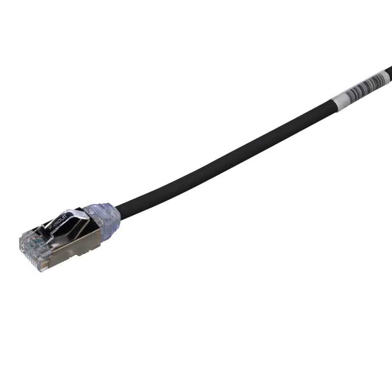 The TX6A-28 10Gig Cat 6A STP Patch Cord is a 1.5-Meter, 0.185-inch (4.7mm) diameter, Black cord constructed of 28 AWG, shielded, twisted pair, solid, CM/LSZH cable with high-performance modular plugs. Its compact 28 AWG design simplifies installation and management. The tangle-free latch prevents snags and ensures a fast release, streamlining moves, adds, and changes. Enabled with RapidID, the product has pre-installed barcodes for simple port mapping using RapidID software.