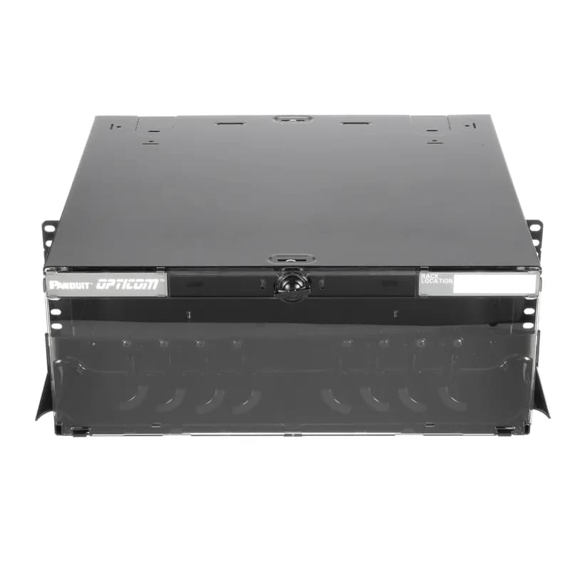 The Panduit Opticom Rack Mount Fiber Enclosure ensures network reliability by housing, organizing, managing and protecting fiber optic cable, terminations, splices, connectors and patch cords. The FCE4U is black, made of steel and features 12 FAP/cassette slots in a 4 RU footprint for maximum patch field density. Fibers are easily accessible through a slide-out, tilt-down drawer, while rear cable management maintains proper slacking and spooling. 6.98"H x 17.60"W x 16.30"D (177.0mm x 447.0mm x 414.0mm)