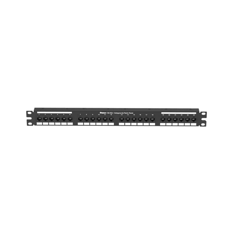 The NetKey Cat 6A UTP Flat Punchdown Patch Panel terminates 4-pair, 22 26 AWG, twisted pair cable. These Cat 6A patch panels mount to 19 inch and 23 inch racks and incude 24 ports. Each module is 100% factory tested to exceed industry standard performance requirements, and are individually serialized for traceability. The punchdown patch panel is 1 RU, made of steel, and is black.