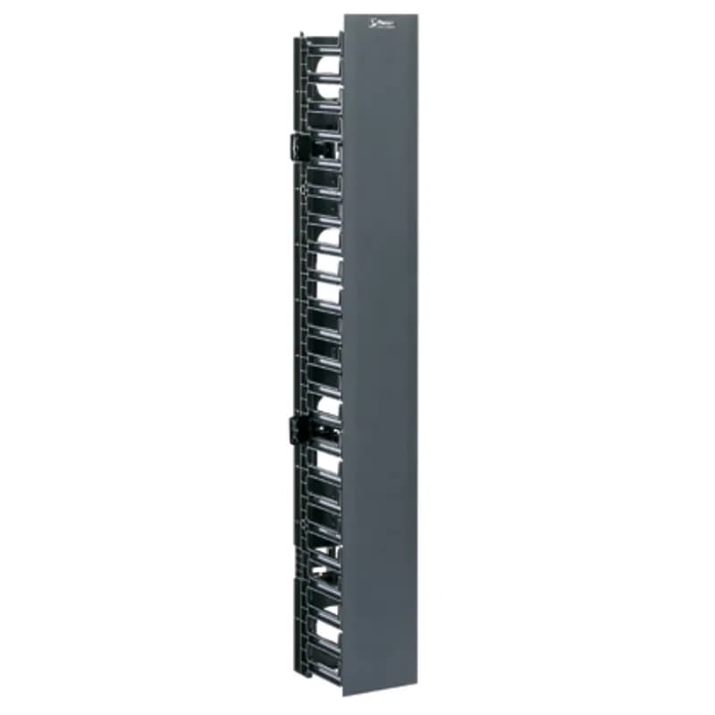 The NetRunner Vertical Cable Manager is a single-sided cable manager that provides a cost-effective solution to organize, manage, and protect network cabling in telecommunication rooms and data centers. Cable management fingers simplify cable routing during installation and maintenance. The bend radius control helps protect cables from kinks and snags, ensuring system performance and reliability. The manager is 22 RU, 5 inches wide x 6.5 inches deep, includes dual-hinging cover, and is black.