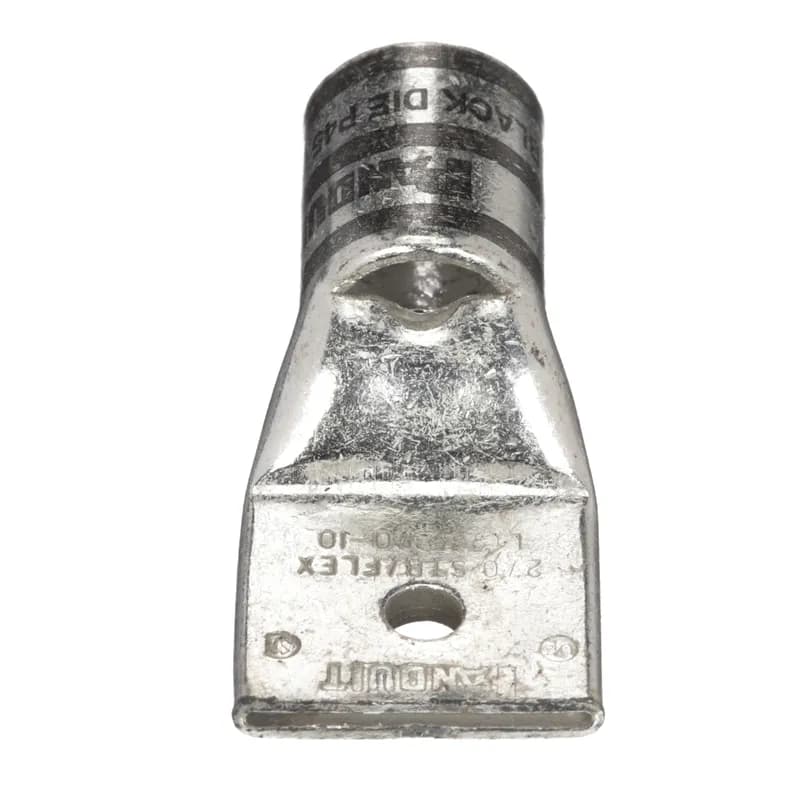 One-hole, flex lug, 2/0 AWG wire, #10 stud hole.