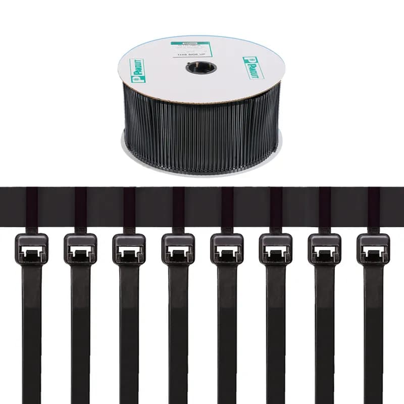 Panduit PLT2S-VMR0 continuously molded cable ties provide constant feeding for high productivity and reduced downtime due to fewer reel changes. Standard cross section, 8.1 (206mm) cable ties for use with PAT2S system. Made of Weather Resistant Nylon 6.6, are black in color and come 2,500 ties per reel.