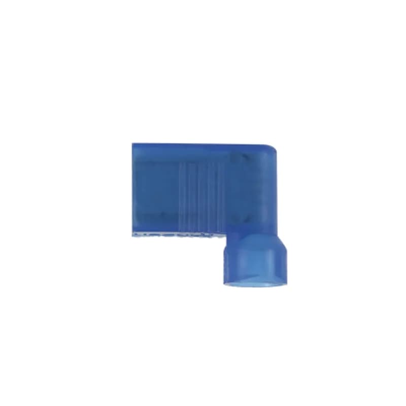 The vibration resistant, right angle style female disconnect is made of brass and is tin-plated. It is fully insulated in blue nylon and has a funnel entry with insulation support. It has a tab size of 0.205/0.187 x 0.032" (5.2/4.8 x 0.8 mm) and supports a wire range of 16-14 AWG (1.5-2.5 mm ). It is 0.58" (14.7 mm) long, 0.37" (9.4 mm) wide, and has a depth of 0.60" (15.2 mm). The disconnect has a funnel entry configuration and a butted seam barrel. It comes in bottles of 50.