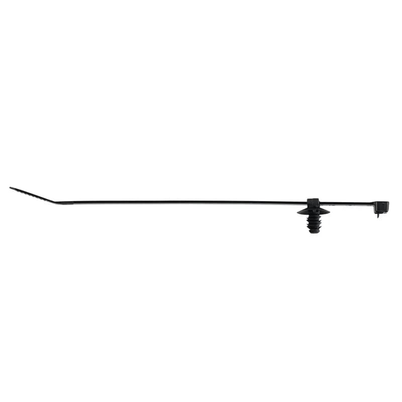 The fir tree push mount assembly with PRT cable tie is black and requires a panel hole diameter of 0.25 to 0.28" (6.3 to 7.1 mm). It is made of heat-stabilized nylon 6.6, which increases mechanical strength, heat and wear resistance, and stiffness. It comes in packages of 500.