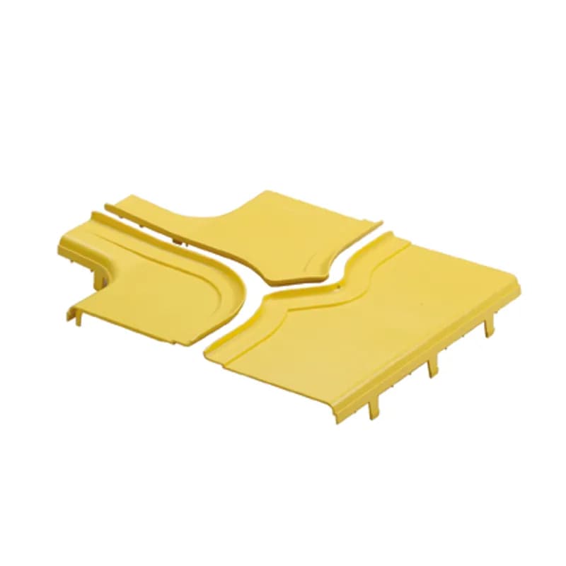 Optional split cover for the horizontal tee with 4x4 exit fitting FRT12X4W6YL. Snap-on feature allows cover to be installed and removed without tools. Creates radiused 3/4 (19mm) opening for easy access to add or remove cables.