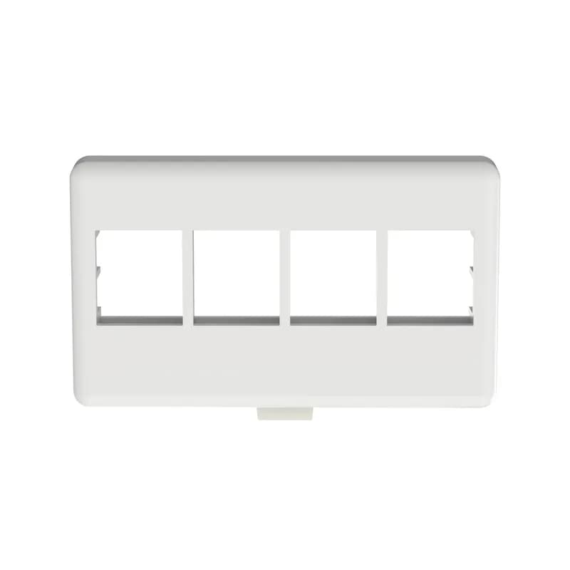 The NetKey Modular Furniture Faceplate accepts four keystone modules. The faceplate mounts to a standard office furniture opening. The faceplate can be identified with an adhesive label and is white.