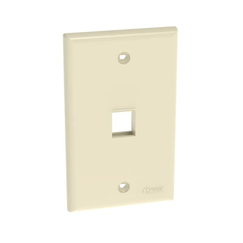 The NetKey Faceplate accepts one keystone module. The faceplate is single gang and mounts to a NEMA standard single gang opening. The faceplate can be identified with an adhesive label, and is electric ivory.