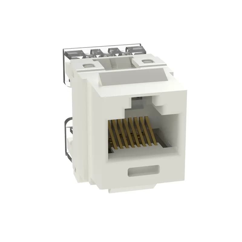 The NetKey Cat 5e UTP RJ45 Punchdown Keystone Jack Module is designed to terminate 4-pair, 22-26 AWG twisted pair cable. Each module is 100% factory tested to exceed industry standard performance requirements. Contacts are plated with 50 microinches of gold for superior performance. Jacks are individually serialized, and are compatible with keystone interfaces such as NetKey Faceplates, Modular Patch Panels, and Surface Mount Boxes. The module is international white.
