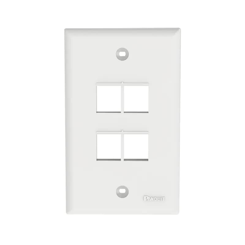 The NetKey Faceplate accepts four keystone modules. The faceplate is single gang and mounts to a NEMA standard single gang opening. The faceplate can be identified with an adhesive label and is white.