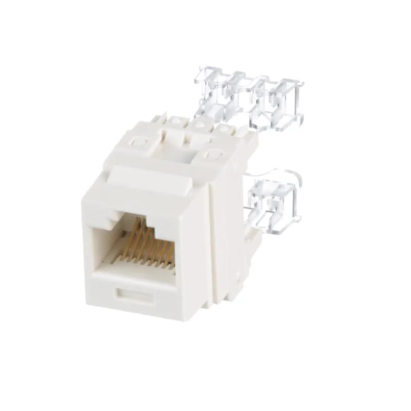 The NetKey Cat 6 UTP RJ45 Punchdown Keystone Jack Module is designed to terminate 4-pair, 22-26 AWG twisted pair cable. Each module is 100% factory tested to exceed industry standard performance requirements. Contacts are plated with 50 microinches of gold for superior performance. Jacks are individually serialized, and are compatible with keystone interfaces such as NetKey Faceplates, Modular Patch Panels, and Surface Mount Boxes. The module is off white.