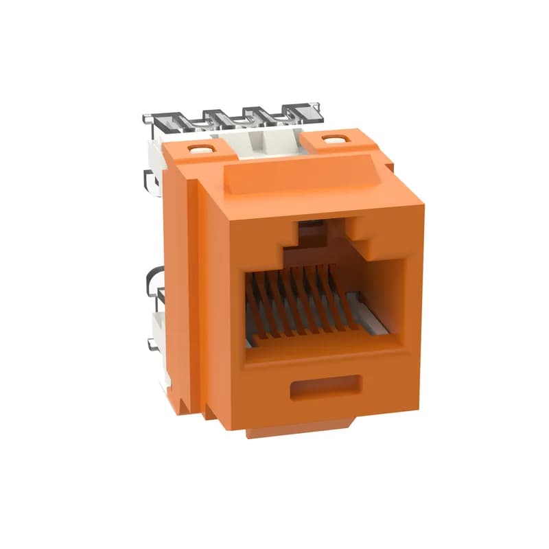 The NetKey Cat 6 UTP RJ45 Punchdown Keystone Jack Module is designed to terminate 4-pair, 22-26 AWG twisted pair cable. Each module is 100% factory tested to exceed industry standard performance requirements. Contacts are plated with 50 microinches of gold for superior performance. Jacks are individually serialized, and are compatible with keystone interfaces such as NetKey Faceplates, Modular Patch Panels, and Surface Mount Boxes. The module is orange.