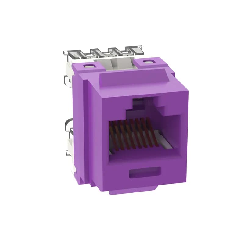 The NetKey Cat 6 UTP RJ45 Punchdown Keystone Jack Module is designed to terminate 4-pair, 22-26 AWG twisted pair cable. Each module is 100% factory tested to exceed industry standard performance requirements. Contacts are plated with 50 microinches of gold for superior performance. Jacks are individually serialized, and are compatible with keystone interfaces such as NetKey Faceplates, Modular Patch Panels, and Surface Mount Boxes. The module is violet.