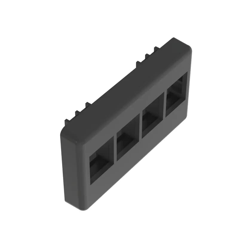 The NetKey Modular Furniture Faceplate accepts four keystone modules. The faceplate mounts to a standard office furniture opening. The faceplate can be identified with an adhesive label and is black.