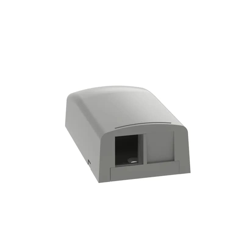The NetKey Surface Mount Box is plenum rated and accepts two keystone modules. The box offers a variety of mounting options using adhesive tape, screws, or optional magnet. The box can be identified with an adhesive label and is international gray.