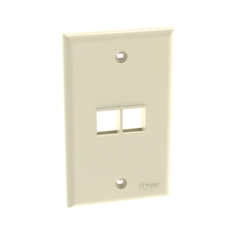 The NetKey Faceplate accepts two keystone modules. The faceplate is single gang and mounts to a NEMA standard single gang opening. The faceplate can be identified with an adhesive label, and is electric ivory.