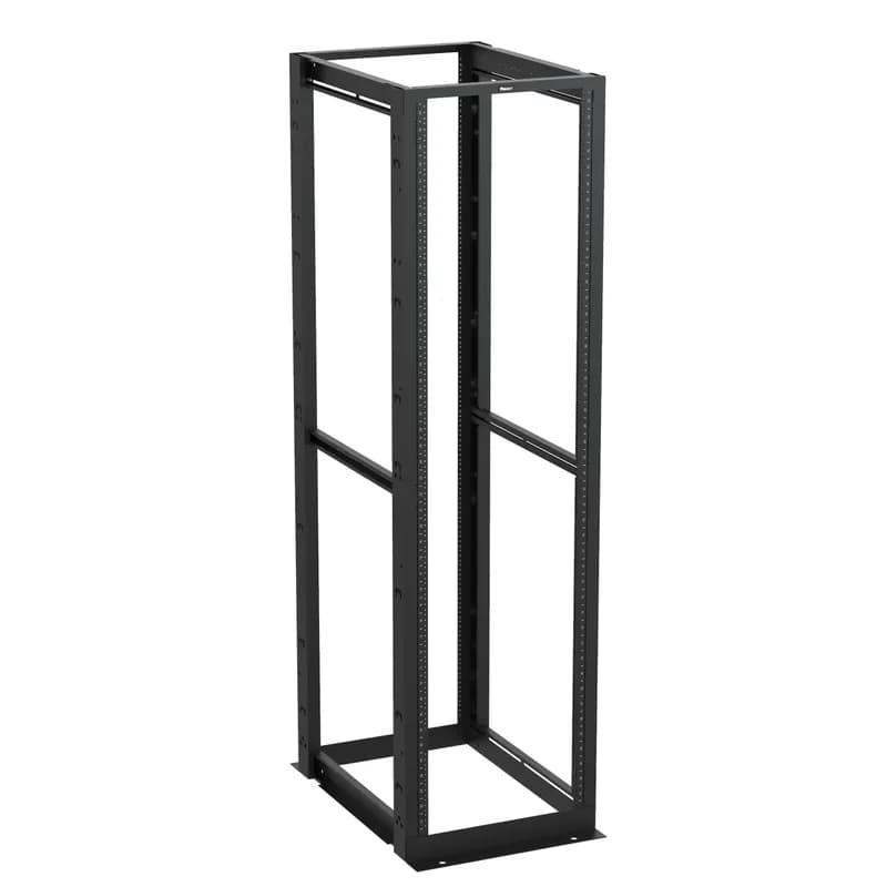 The 4-Post rack combines the stability of a cabinet with the accessibility of an open rack to deliver maximum flexibility. The 45 RU rack is 23 inches wide overall (with 19 inch standard EIA mount) and 30 inches deep, with adjustable mounting rails that have #12-24 EIA universal mounting hole spacing, and printed numbering. A range of cable managers and accessories work with the rack. The rack is UL listed for 2,500 pounds and is made of welded steel. The rack is black.