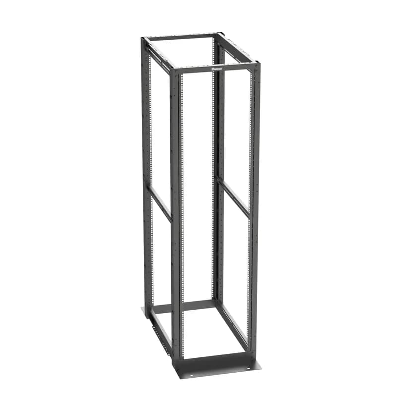 The 4-Post rack combines the stability of a cabinet with the accessibility of an open rack to deliver maximum flexibility. The 45 RU rack is 23 inches wide overall (with 19 inch standard EIA mount) and 36 inches deep, with adjustable mounting rails that have cage nut EIA universal mounting hole spacing, and printed numbering. A range of cable managers and accessories work with the rack. The rack is UL listed for 2,500 pounds and is made of welded steel. The rack is black.