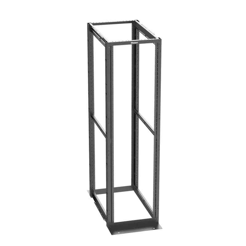 The 4-Post rack combines the stability of a cabinet with the accessibility of an open rack to deliver maximum flexibility. The 45 RU rack is 23 inches wide overall (with 19 inch standard EIA mount) and 36 inches deep, with adjustable mounting rails that have #12-24 EIA universal mounting hole spacing, and printed numbering. A range of cable managers and accessories work with the rack. The rack is UL listed for 2,500 pounds and is made of welded steel. The rack is black.