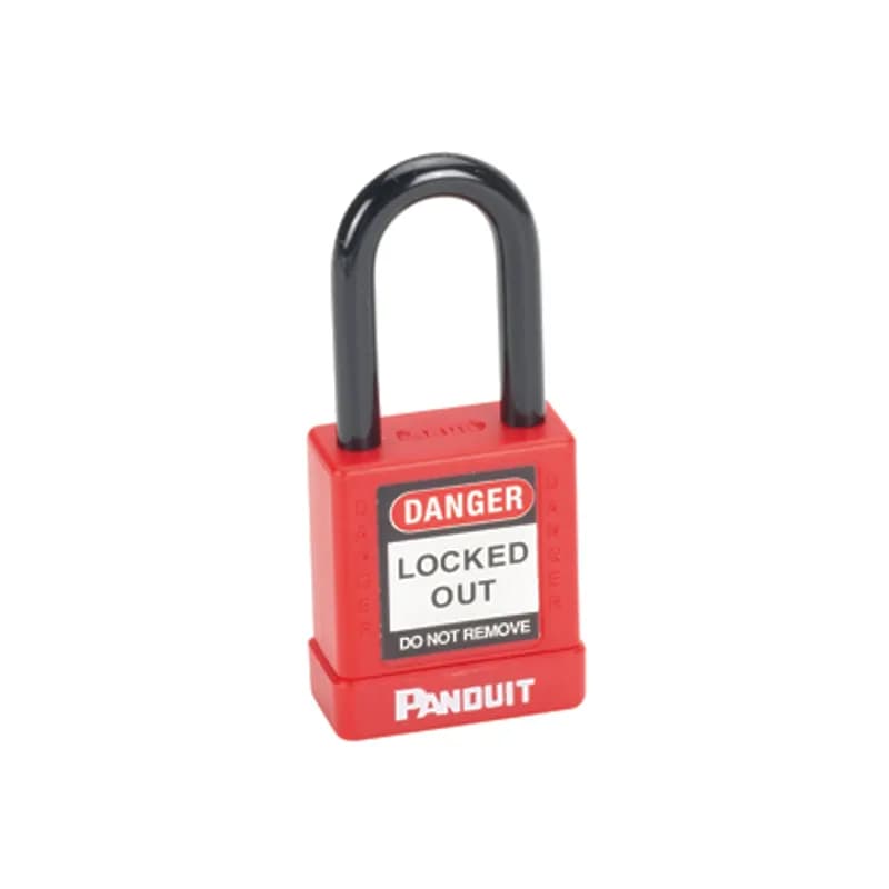 Panduit PSL-8 - The PSL-8 Non-Conductive Safety Lockout Padlocks in the standard version are keyed differently, so each padlock is supplied with one key. However, these locks can be master keyed or keyed alike. The non-conductive lock body and shackle protect against electrical hazards. The key-retention feature means that the key cannot be removed from the padlock when open. Custom engraving available. Arm material: Steel. Body material: Aluminum. Shackle diameter 0.26" (6.5 mm). Color Red. 1 per package.