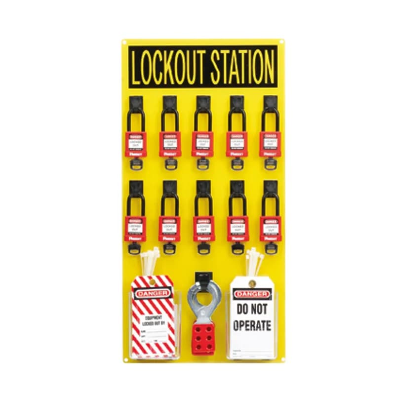 Panduit PSL-10SWCA - Lockout station with components, 10 person.Components include:(10) PSL-8 red non-conductive lockout padlocks (keyed differently)(3) PSL-1.5 lockout hasps(15 tags) PVT-98 safety tags(10 tags) PVT-41 safety tags