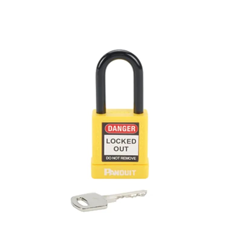 Panduit PSL-8YL - The PSL-8YL Non-Conductive Short Shackle Padlock provides protection against electrical hazards. The key-retention feature means the key cannot be removed from the padlock when open. The padlock can be ordered with various keying options (keyed-alike and master-keyed). The six-pin cylinder design allows for many key change options. Arm: Steel, Body: Aluminum. 0.26" (6.6 mm) shackle diameter. Body: 1.58" x 1.77" (40 mm x 45 mm) Shackle: 0.75" x 1.5" (19 mm x 38.1 mm) Color Yellow. 1 per package