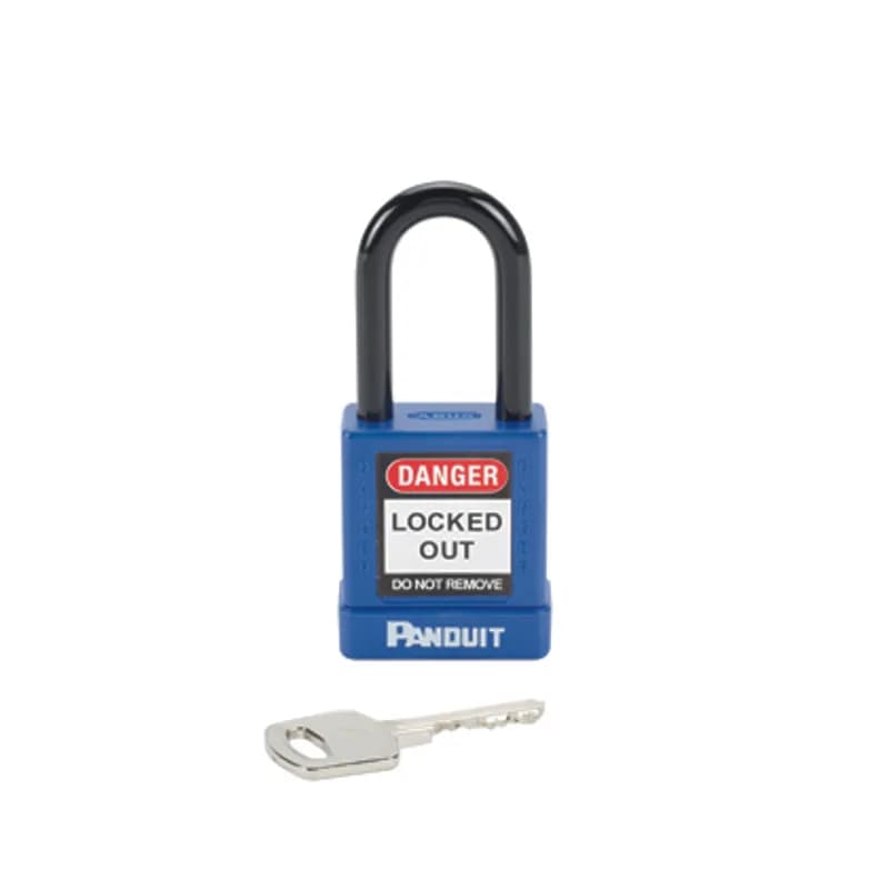 Panduit PSL-8BU - The PSL-8BU Non-Conductive Short Shackle Padlock provides protection against electrical hazards. The key-retention feature means the key cannot be removed from the padlock when open. The padlock can be ordered with various keying options (keyed-alike and master-keyed). The six-pin cylinder design allows for many key change options. Arm: Steel, Body: Aluminum. 0.26" (6.6 mm) shackle diameter. Body: 1.58" x 1.77" (40 mm x 45 mm) Shackle: 0.75" x 1.5" (19 mm x 38.1 mm) Color Blue. 1 per package