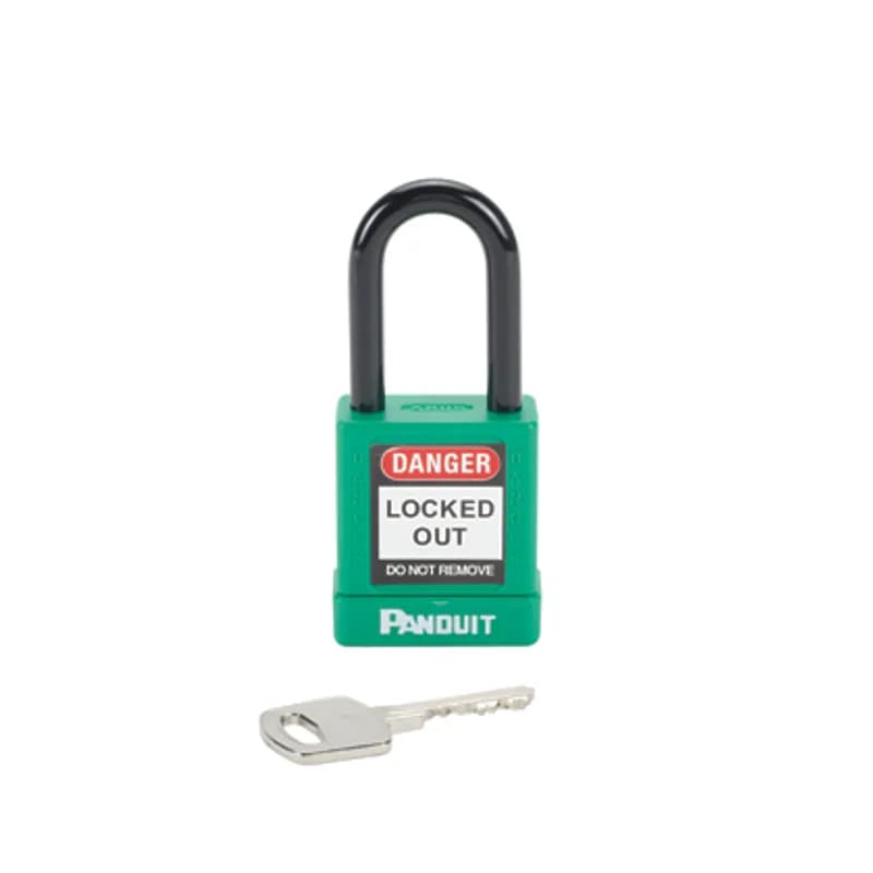 Panduit PSL-8GR - The PSL-8GR Non-Conductive Short Shackle Padlock provides protection against electrical hazards. The key-retention feature means the key cannot be removed from the padlock when open. The padlock can be ordered with various keying options (keyed-alike and master-keyed). The six-pin cylinder design allows for many key change options. Arm: Steel, Body: Aluminum. 0.26" (6.6 mm) shackle diameter. Body: 1.58" x 1.77" (40 mm x 45 mm) Shackle: 0.75" x 1.5" (19 mm x 38.1 mm) Color Green. 1 per package