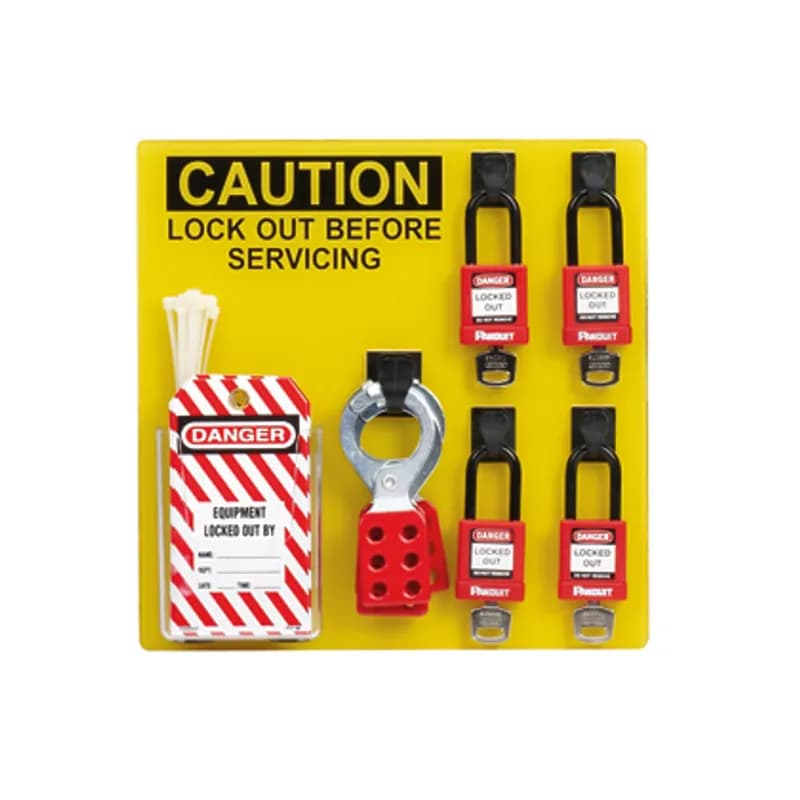 Panduit PSL-4SWCA - Lockout station with components, 4 person. Components include: (4) PSL-8 red non-conductive lockout padlocks (keyed differently) (3) PSL-1.5 lockout hasps (15 tags) PVT-98 safety tags