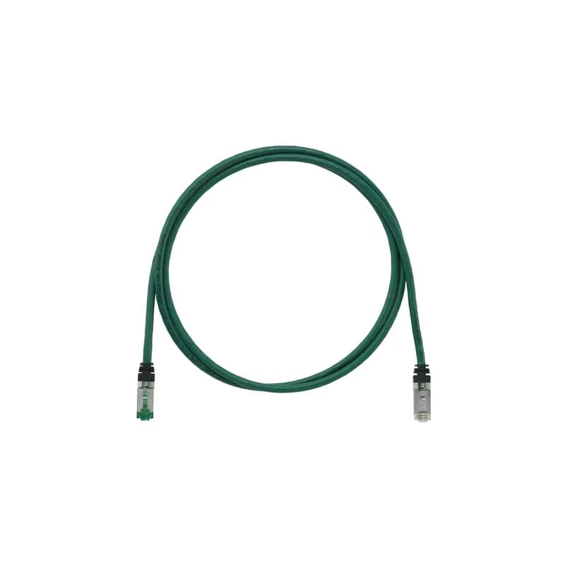 The TX6A 10Gig Keyed Cat 6A STP Patch Cord is a 5-Meter, Green cord constructed of 26 AWG, shielded, twisted pair, stranded, CM/LSZH cable. It's equipped with a TX6A 10Gig Keyed Modular Plug on one end and a Non-Keyed Modular Plug on the other. The tangle-free latch prevents snags and ensures a fast release, streamlining moves, adds, and changes. Enabled with RapidID, the product has pre-installed barcodes for simple port mapping using RapidID software.