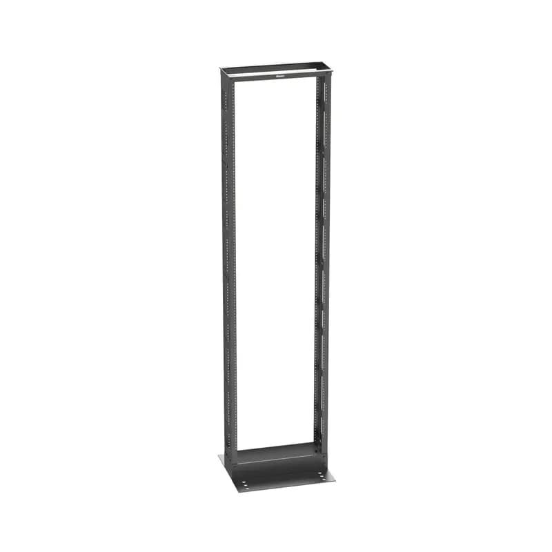 The 2-Post rack provides a reliable foundation for mounting telecommunications and data center equipment. The 84 inch tall rack accepts 19-inch wide equipment with mounting rails that have #12-24 EIA universal mounting hole spacing, and printed numbering from the bottom up. A range of cable managers and accessories work with the rack. The 6-inch deep channel rack is UL listed for 1,500 pounds and is made of steel. The rack is 45 RU and black.