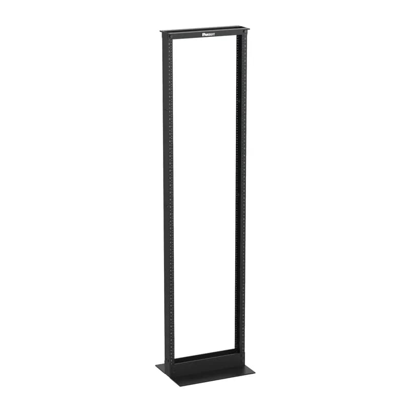 The 2-Post rack provides a reliable foundation for mounting telecommunications and data center equipment. The 84 inch tall rack accepts 19-inch wide equipment with mounting rails that have #12-24 EIA universal mounting hole spacing, and printed numbering from the bottom up. A range of cable managers and accessories work with the rack. The 3-inch deep channel rack is UL listed for 1,000 pounds and is made of extruded aluminum. The rack is 45 RU and black.